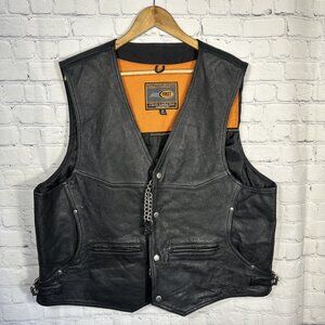 Men’s 3XL First Classics Leather Motorcycle Vest – Black Genuine Leather Pockets